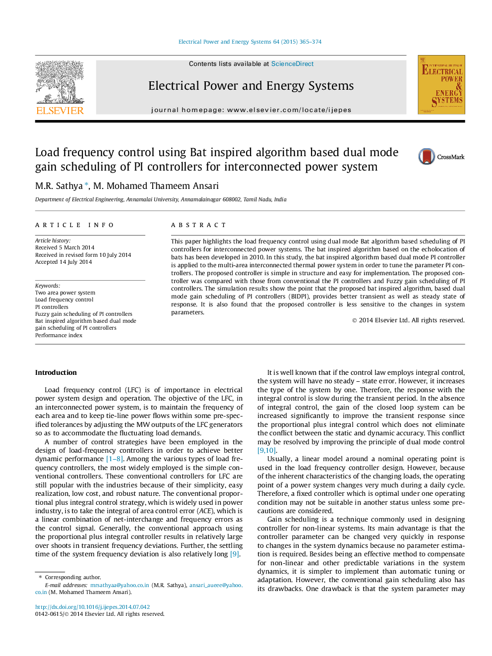 Load frequency control using Bat inspired algorithm based dual mode gain scheduling of PI controllers for interconnected power system