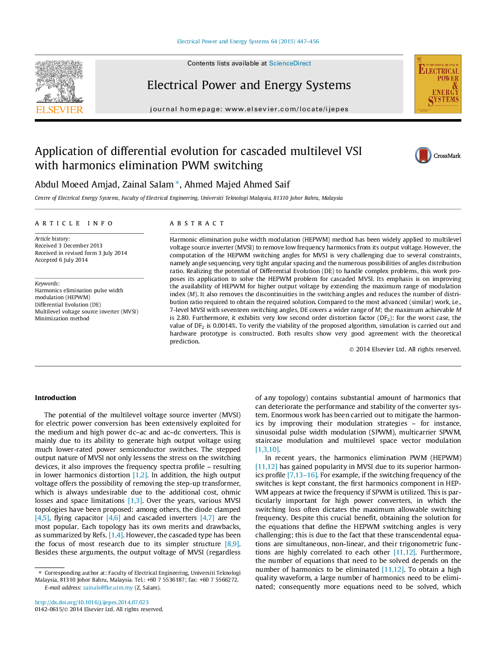 Application of differential evolution for cascaded multilevel VSI with harmonics elimination PWM switching