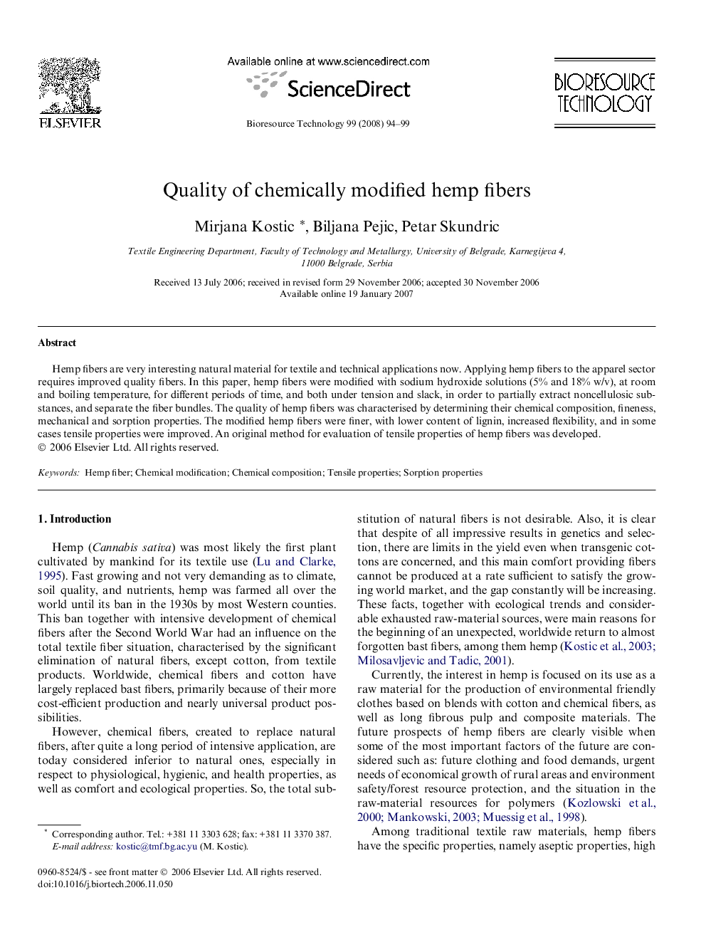 Quality of chemically modified hemp fibers