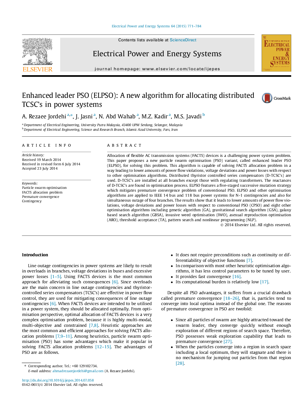 Enhanced leader PSO (ELPSO): A new algorithm for allocating distributed TCSC's in power systems