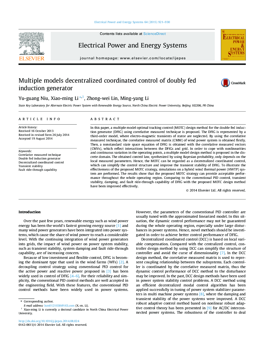 Multiple models decentralized coordinated control of doubly fed induction generator