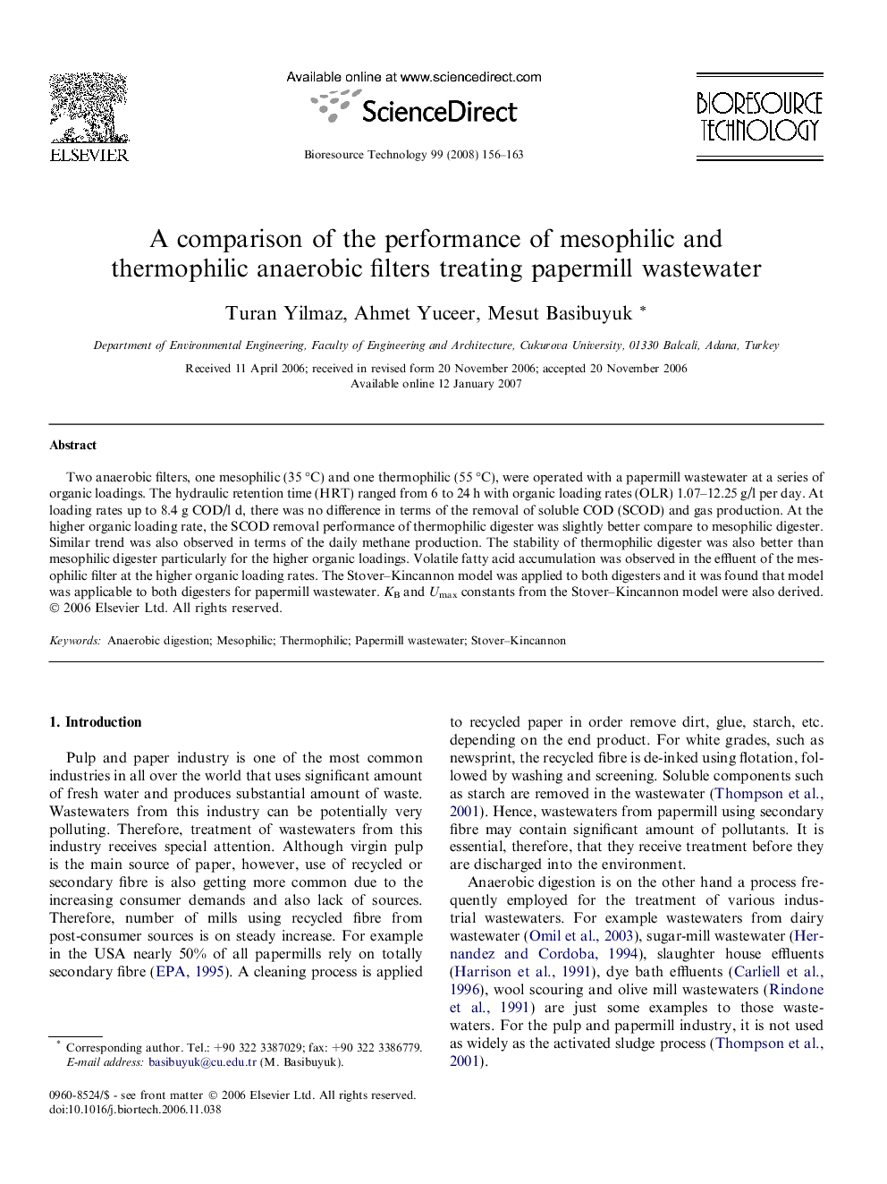 A comparison of the performance of mesophilic and thermophilic anaerobic filters treating papermill wastewater