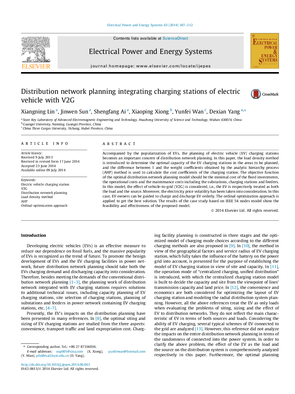 Distribution network planning integrating charging stations of electric vehicle with V2G