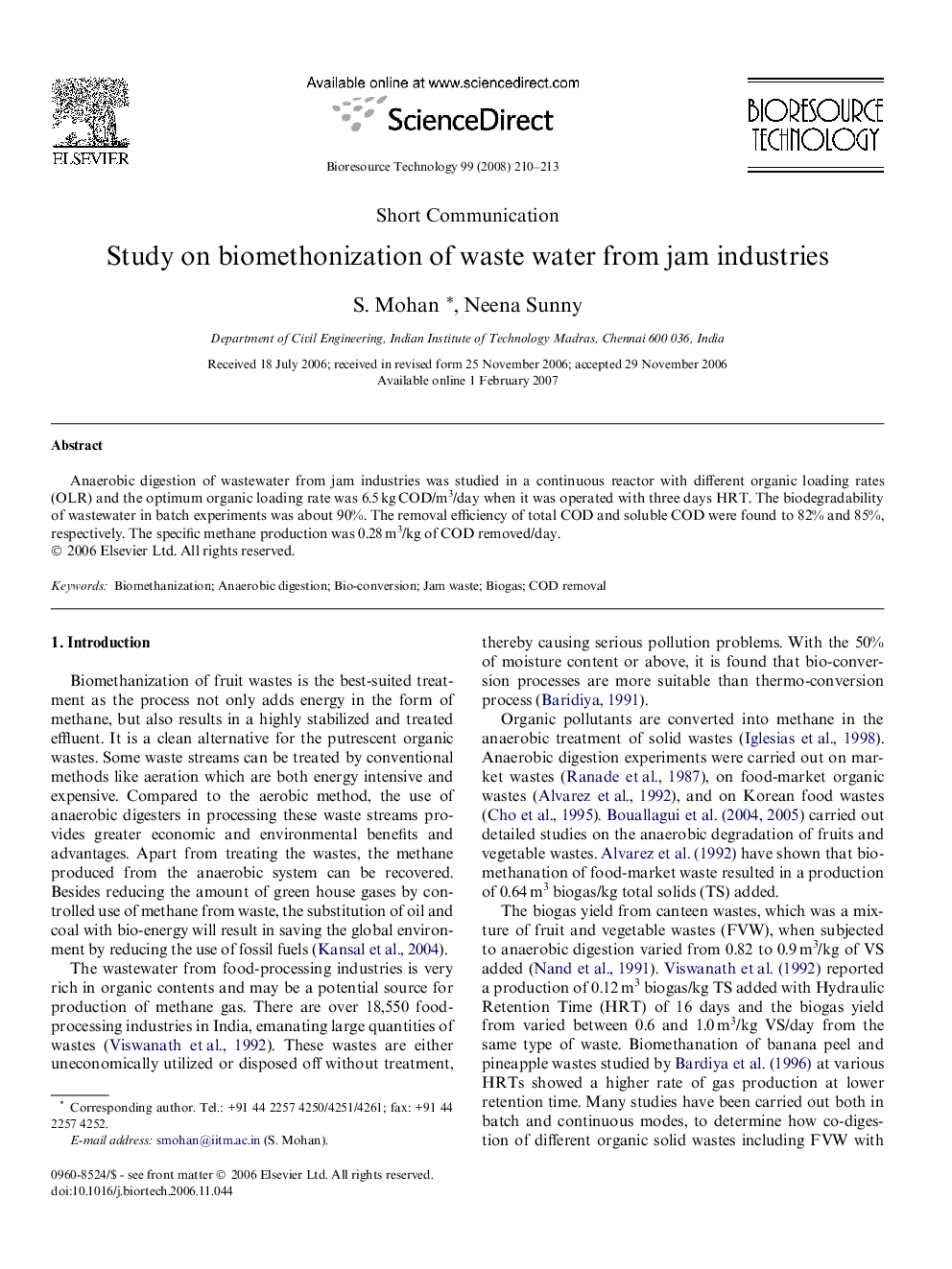 Study on biomethonization of waste water from jam industries