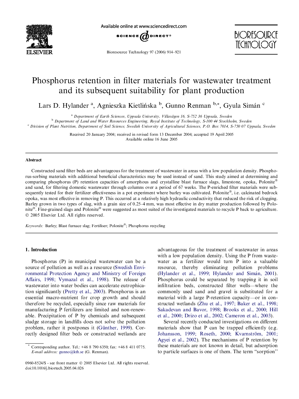 Phosphorus retention in filter materials for wastewater treatment and its subsequent suitability for plant production