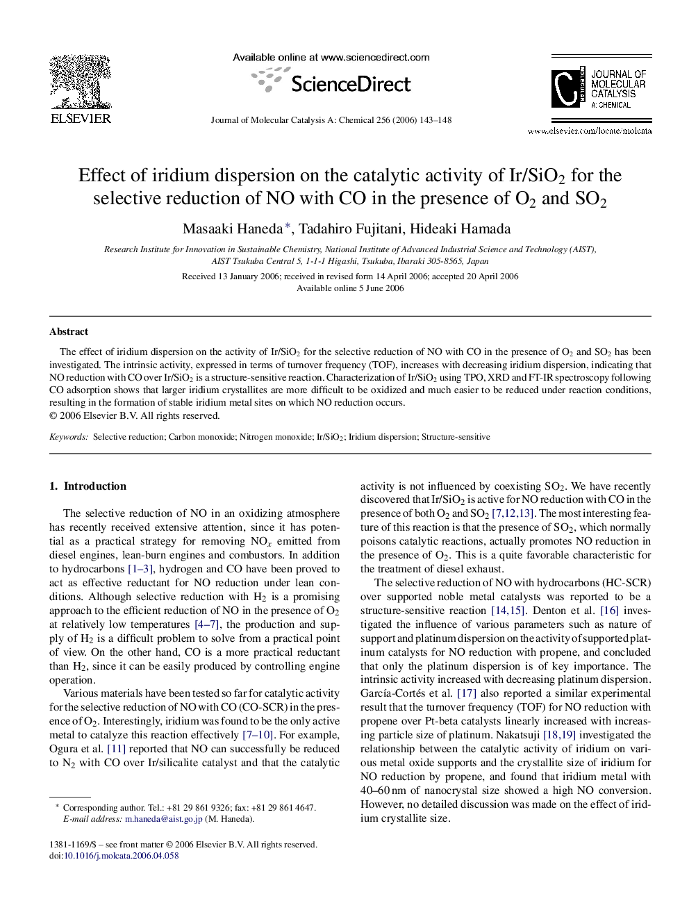 Effect of iridium dispersion on the catalytic activity of Ir/SiO2 for the selective reduction of NO with CO in the presence of O2 and SO2