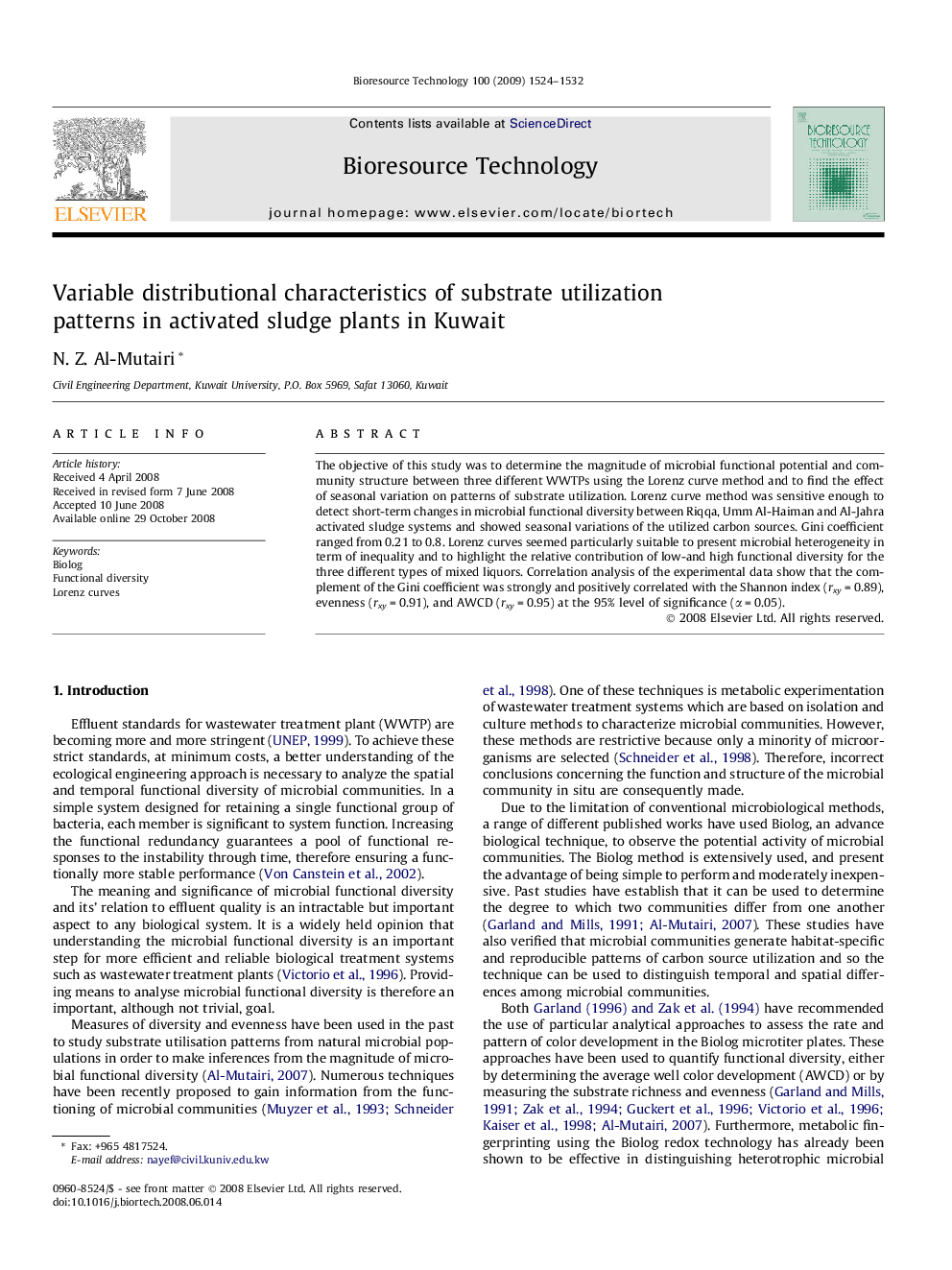 Variable distributional characteristics of substrate utilization patterns in activated sludge plants in Kuwait