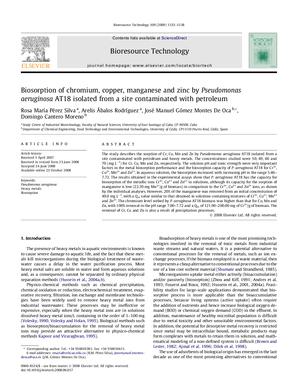 Biosorption of chromium, copper, manganese and zinc by Pseudomonas aeruginosa AT18 isolated from a site contaminated with petroleum