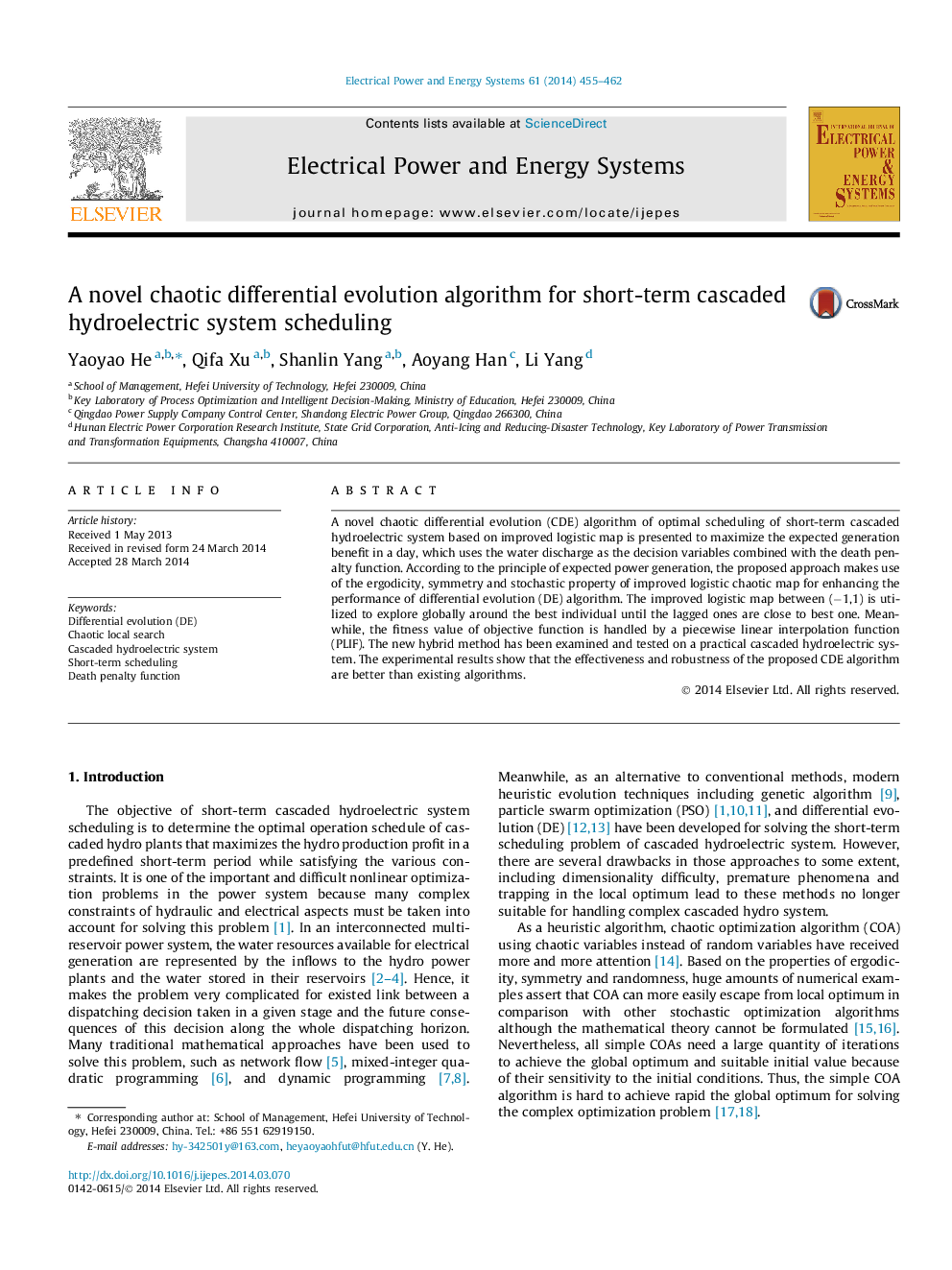 A novel chaotic differential evolution algorithm for short-term cascaded hydroelectric system scheduling