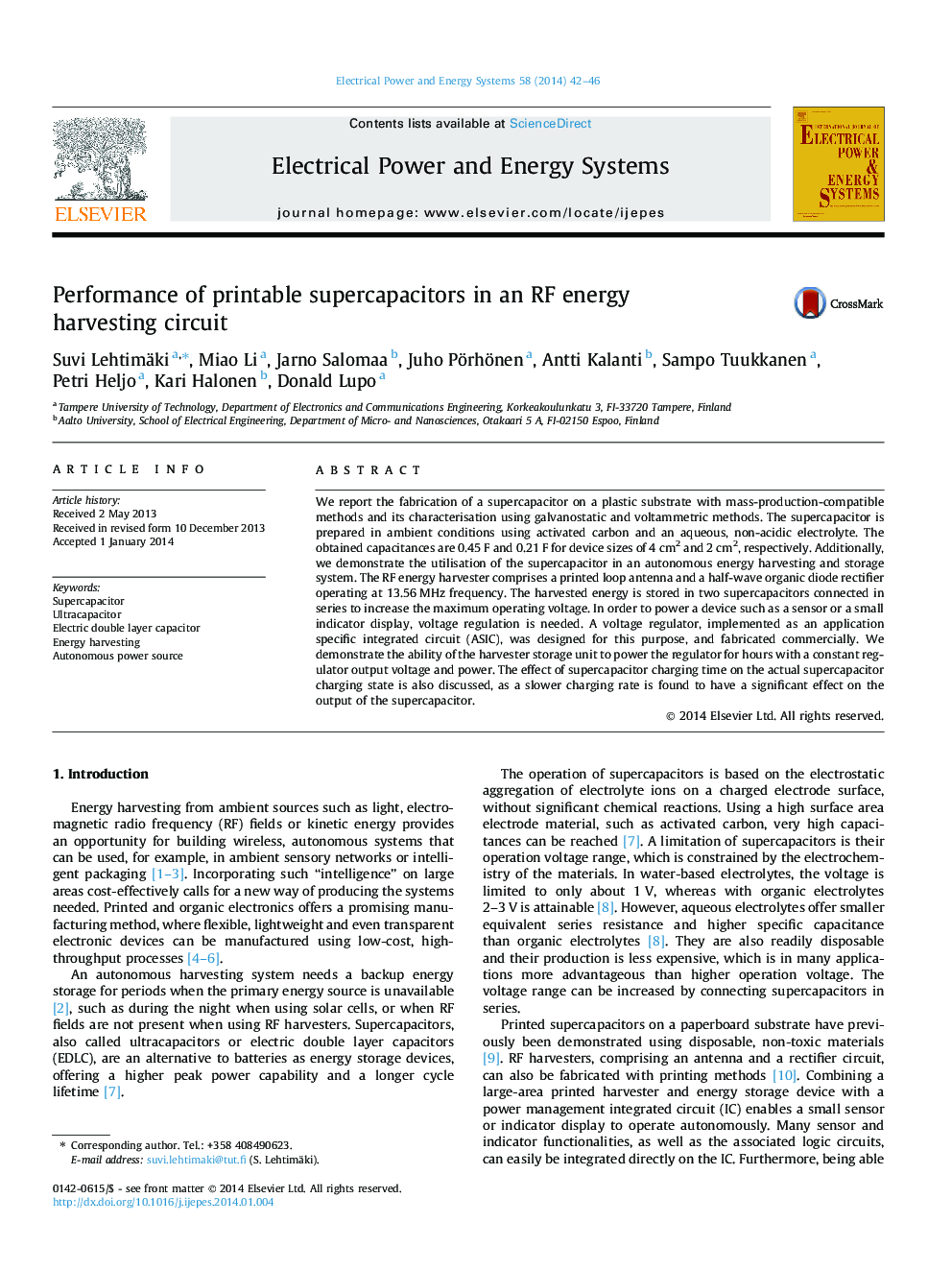 Performance of printable supercapacitors in an RF energy harvesting circuit