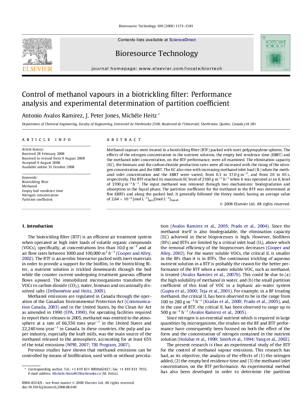 Control of methanol vapours in a biotrickling filter: Performance analysis and experimental determination of partition coefficient