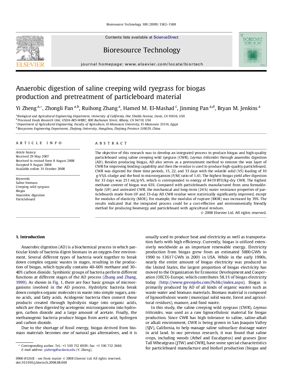 Anaerobic digestion of saline creeping wild ryegrass for biogas production and pretreatment of particleboard material