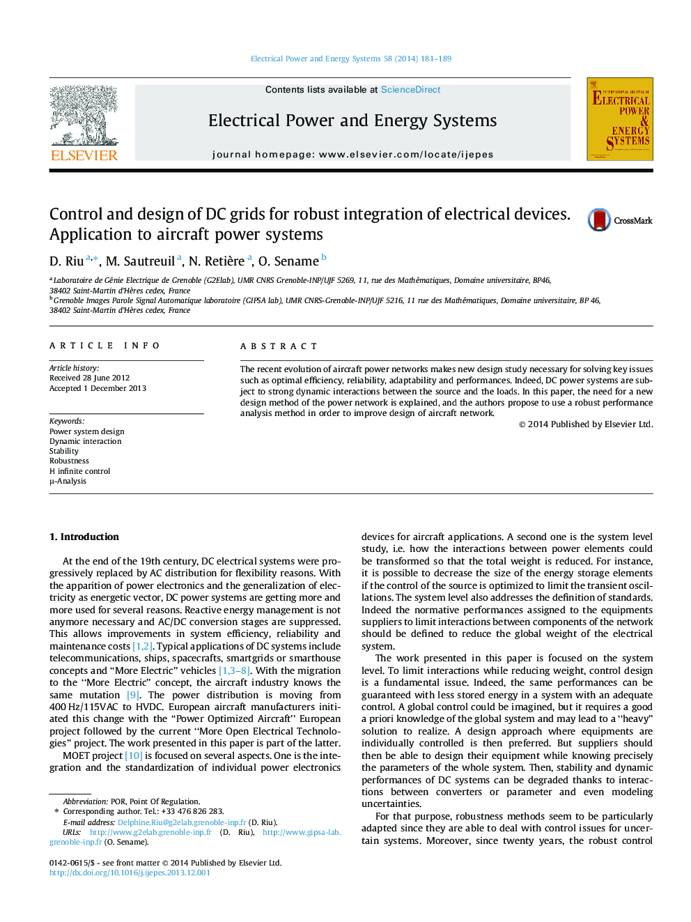 Control and design of DC grids for robust integration of electrical devices. Application to aircraft power systems