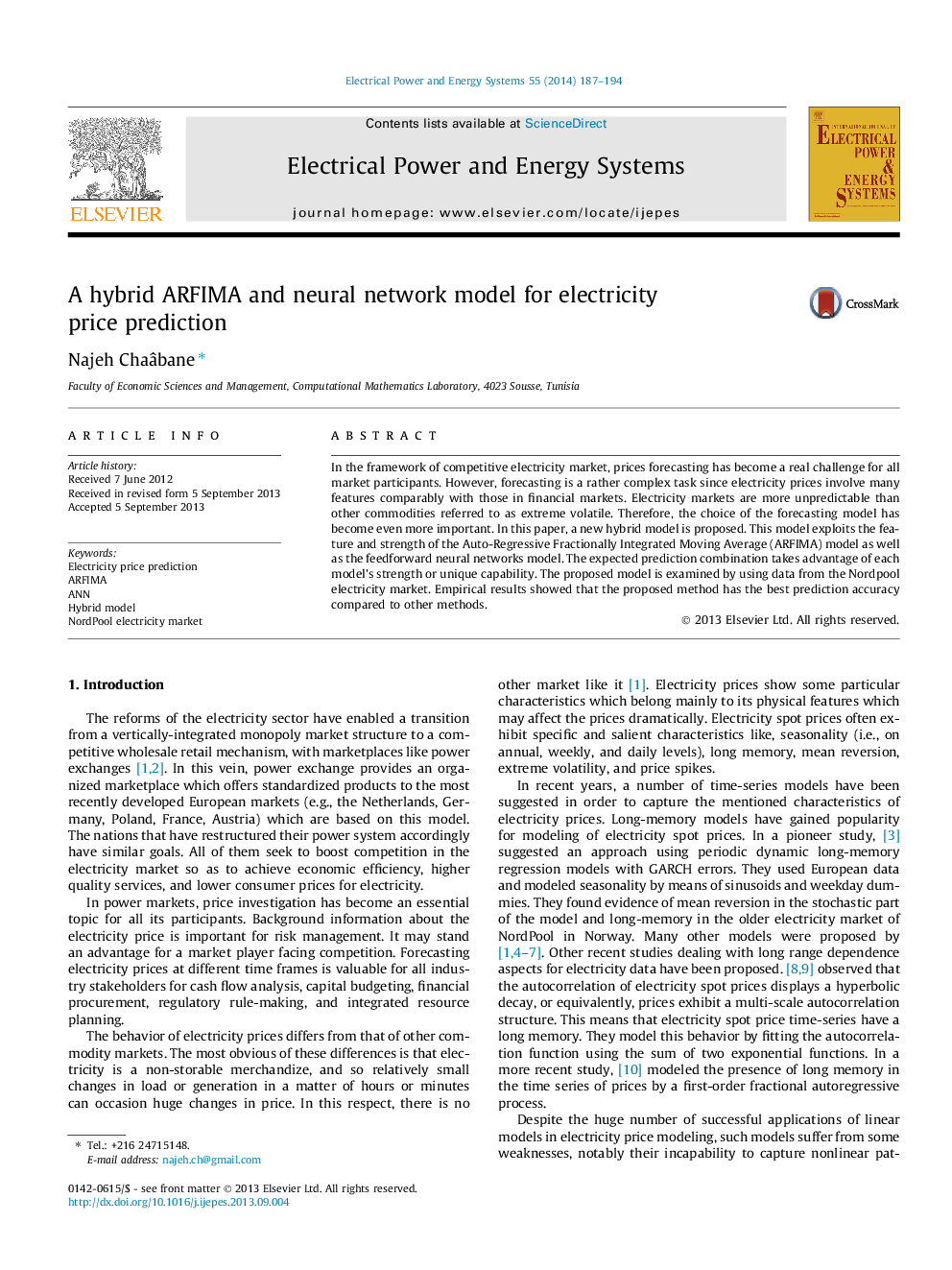 A hybrid ARFIMA and neural network model for electricity price prediction