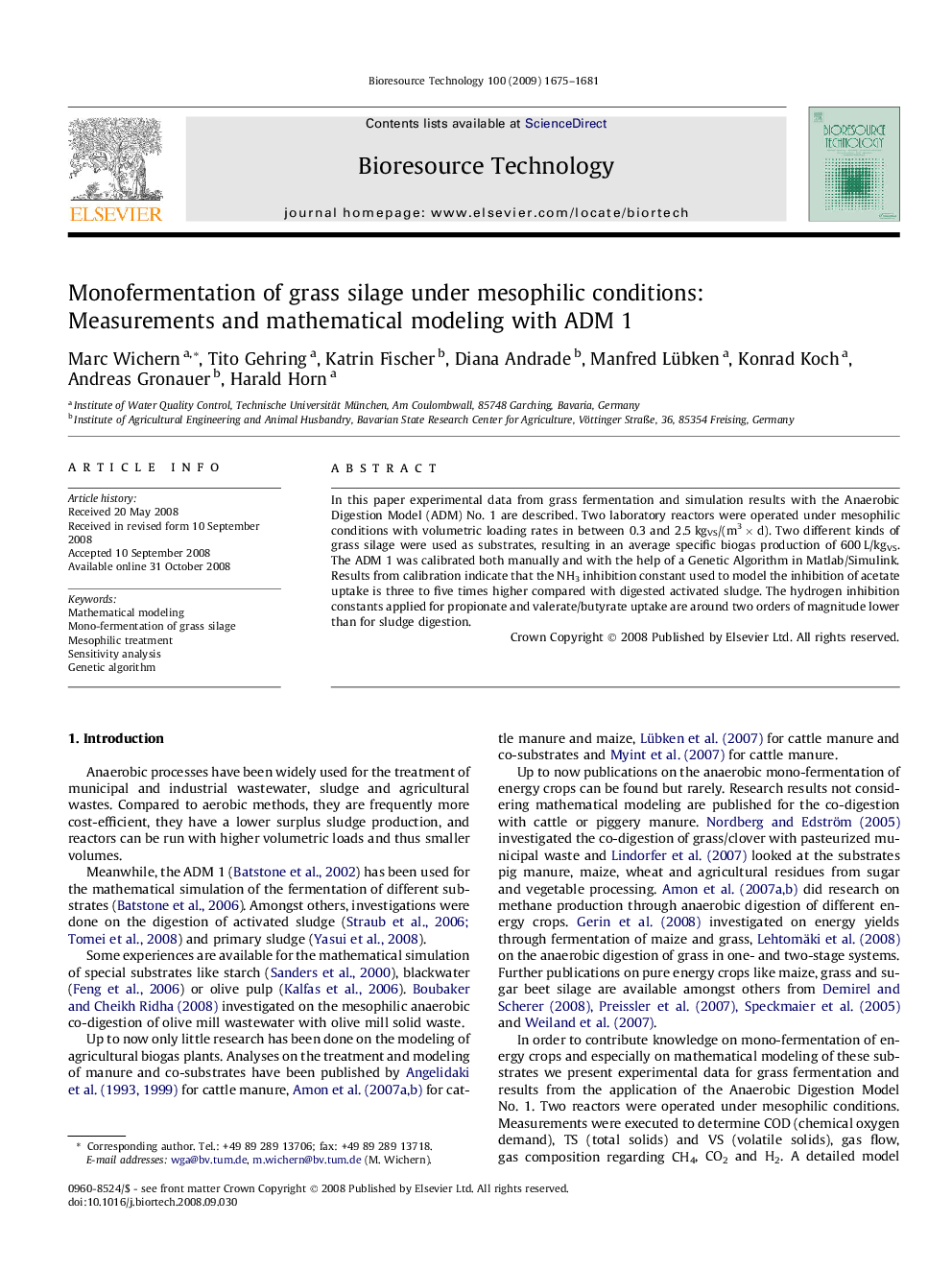 Monofermentation of grass silage under mesophilic conditions: Measurements and mathematical modeling with ADM 1