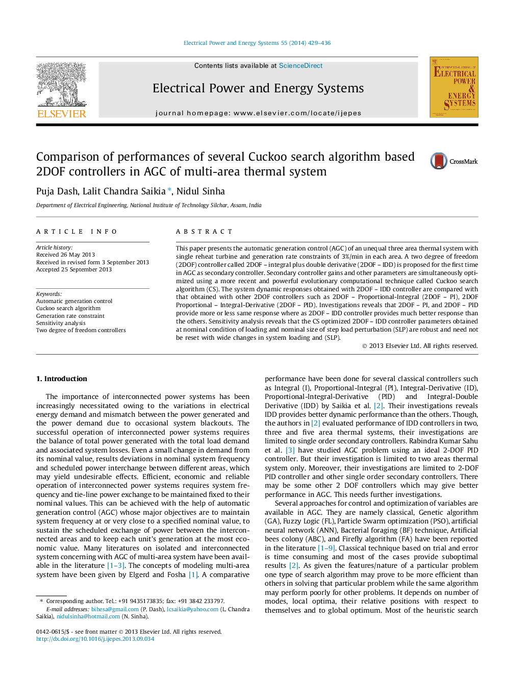 Comparison of performances of several Cuckoo search algorithm based 2DOF controllers in AGC of multi-area thermal system