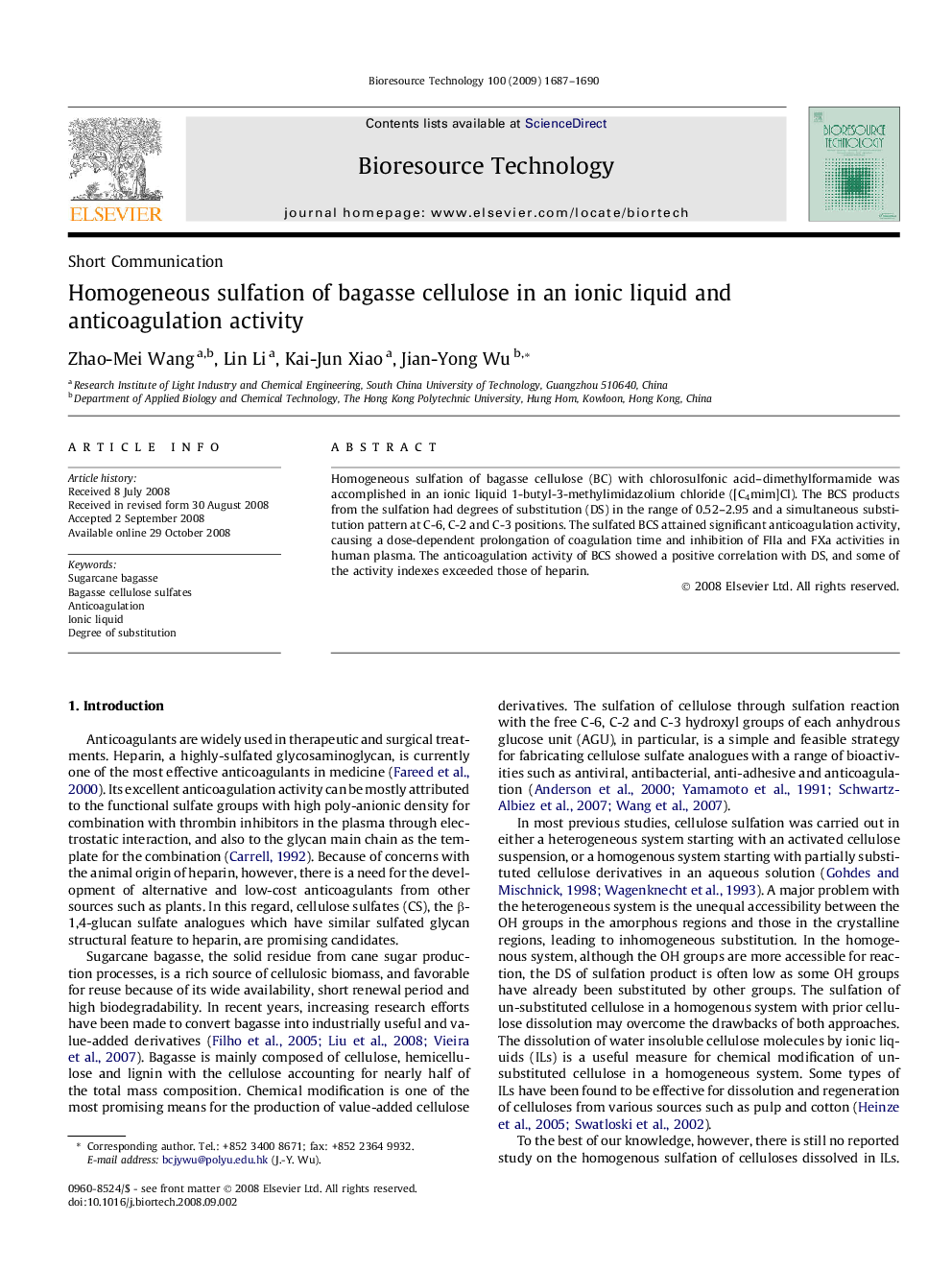 Homogeneous sulfation of bagasse cellulose in an ionic liquid and anticoagulation activity