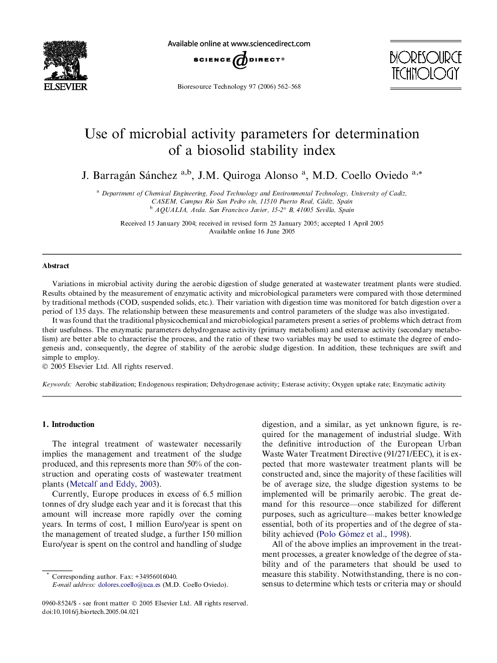 Use of microbial activity parameters for determination of a biosolid stability index