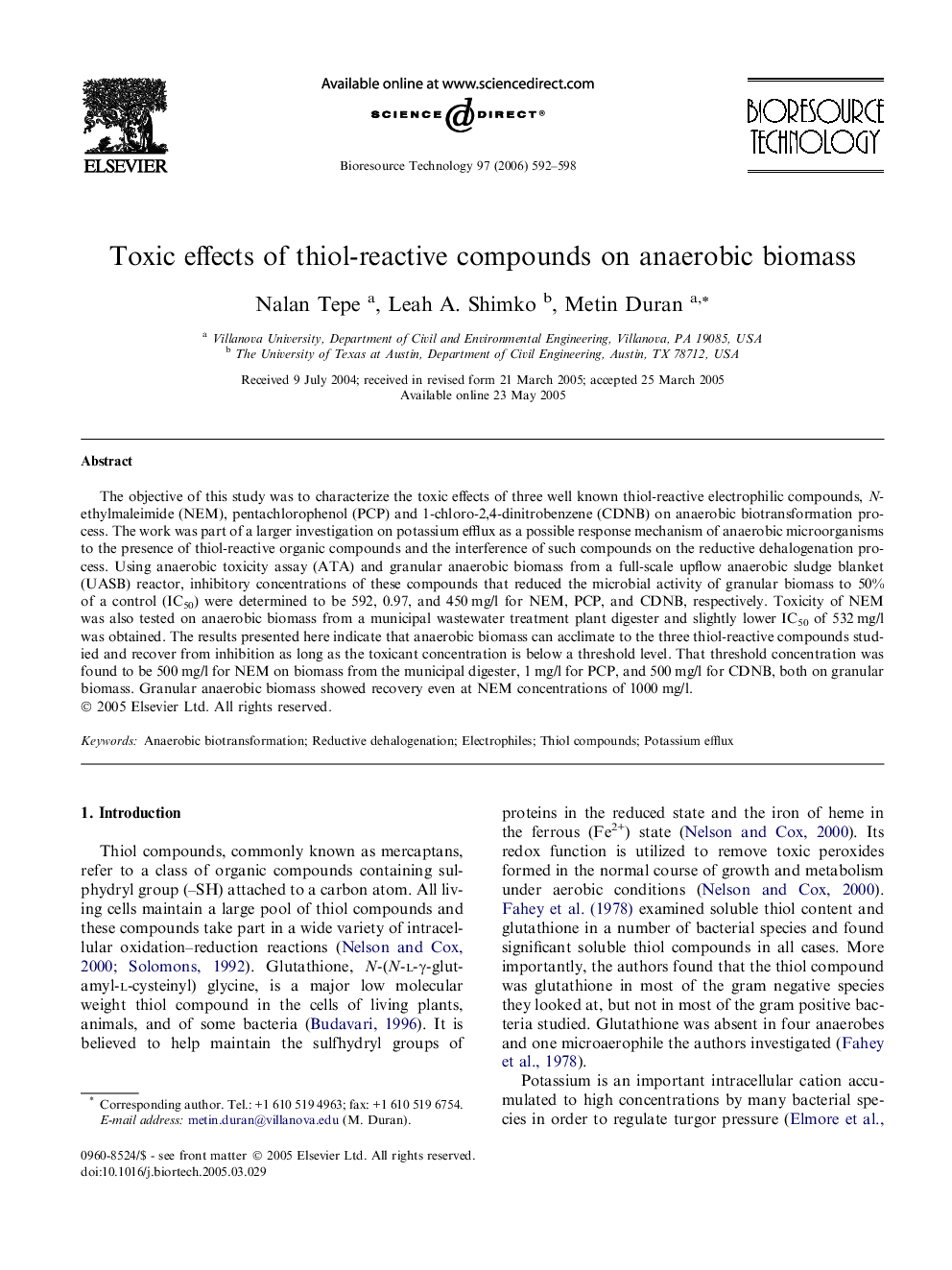 Toxic effects of thiol-reactive compounds on anaerobic biomass