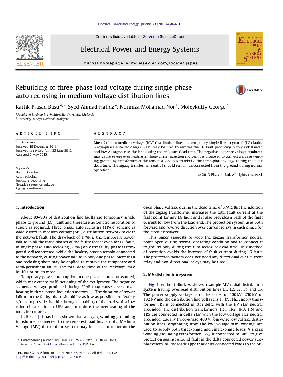 Rebuilding of three-phase load voltage during single-phase auto reclosing in medium voltage distribution lines