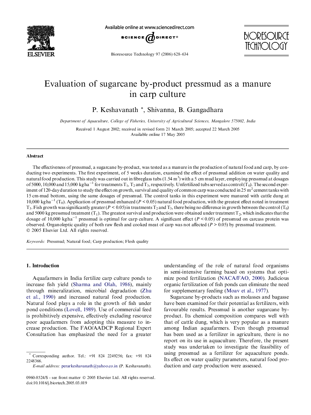 Evaluation of sugarcane by-product pressmud as a manure in carp culture