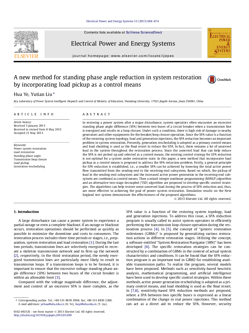 A new method for standing phase angle reduction in system restoration by incorporating load pickup as a control means