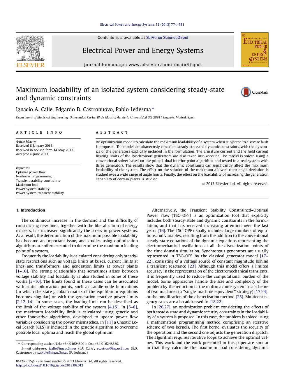 Maximum loadability of an isolated system considering steady-state and dynamic constraints