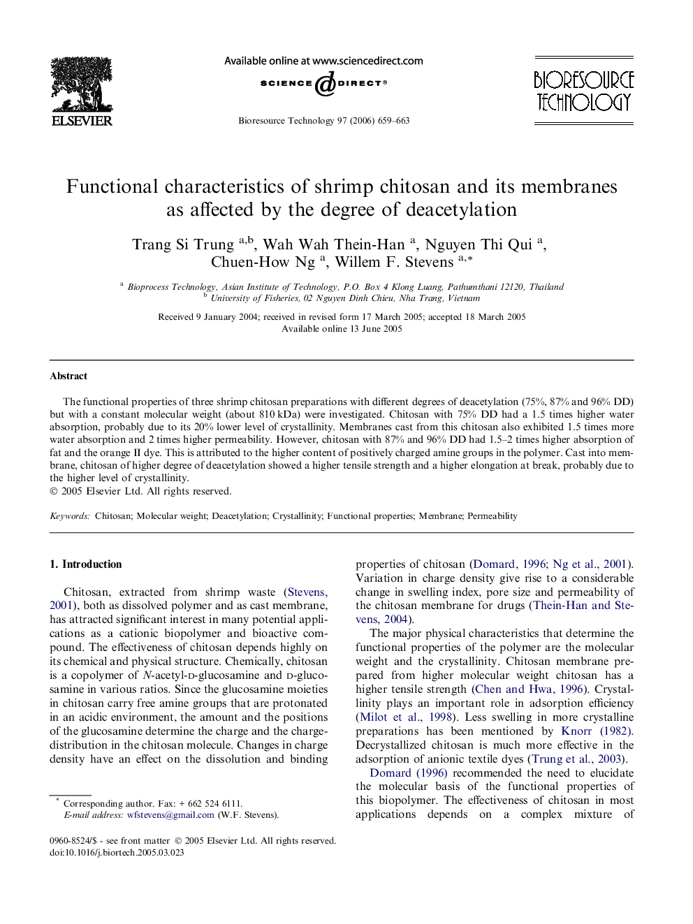 Functional characteristics of shrimp chitosan and its membranes as affected by the degree of deacetylation