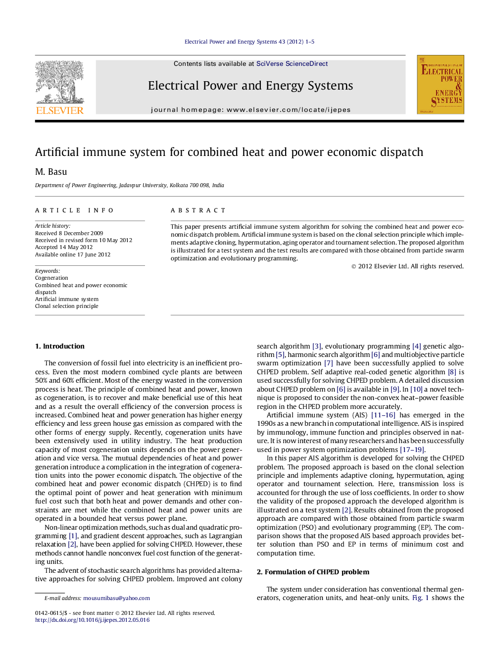 Artificial immune system for combined heat and power economic dispatch