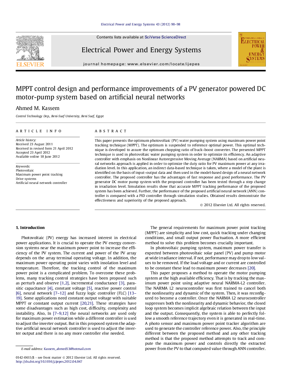 عکس صفحه اول مقاله: MPPT control design and performance improvements of a PV generator powered DC motor-pump system based on artificial neural networks MPPT control design and performance improvements of a PV generator powered DC motor-pump system based on artificial neural networks