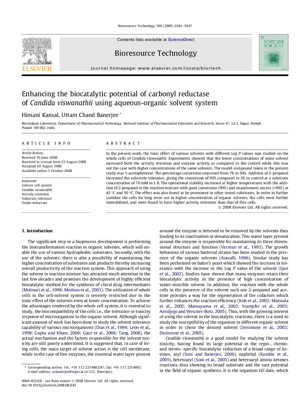 Enhancing the biocatalytic potential of carbonyl reductase of Candida viswanathii using aqueous-organic solvent system