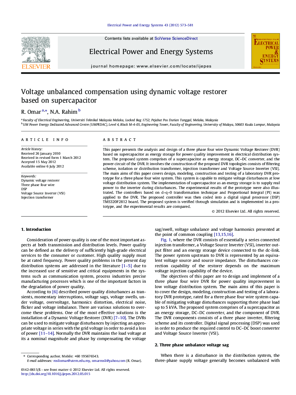 عکس صفحه اول مقاله: Voltage unbalanced compensation using dynamic voltage restorer based on supercapacitor Voltage unbalanced compensation using dynamic voltage restorer based on supercapacitor