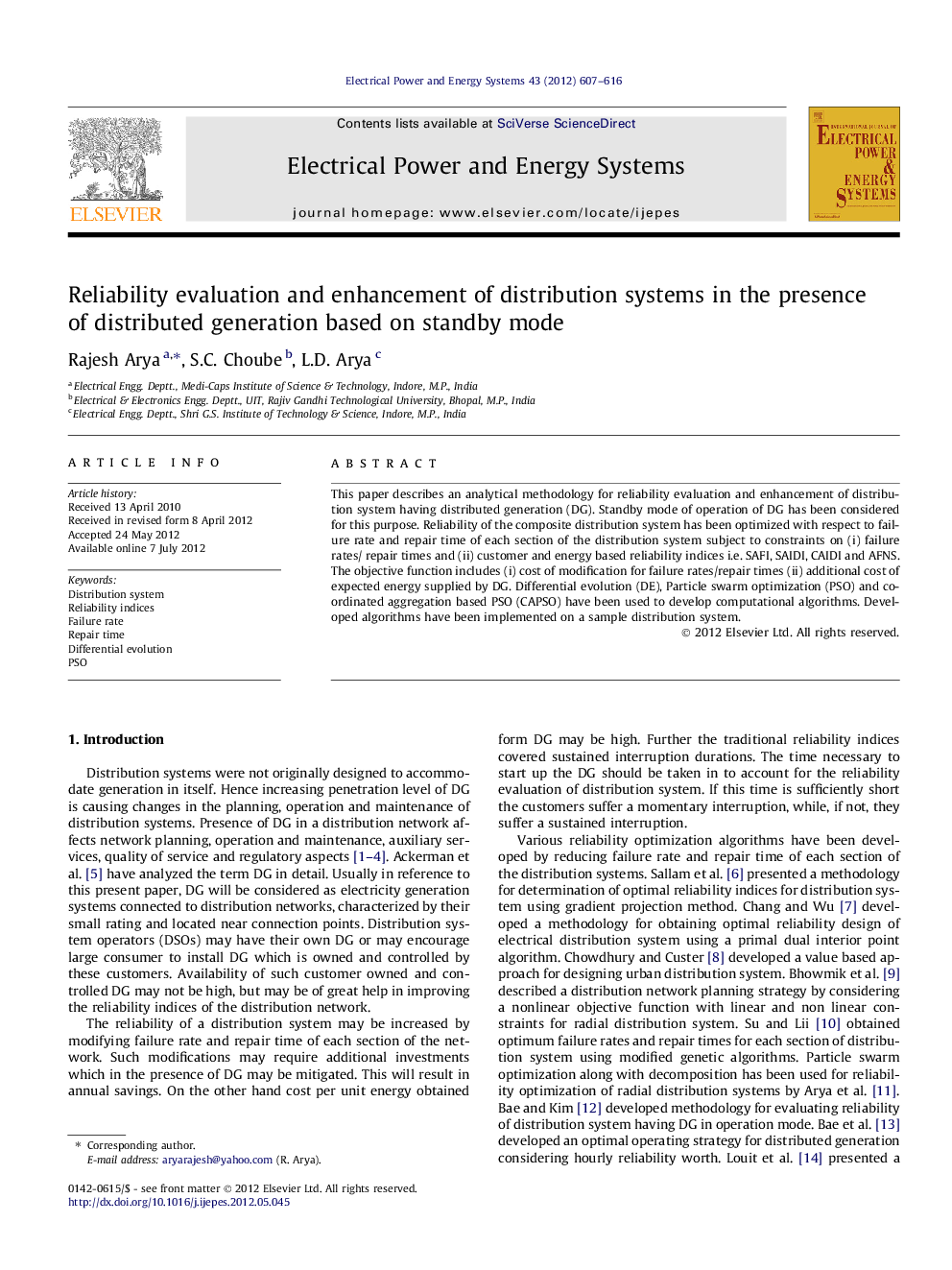 عکس صفحه اول مقاله: Reliability evaluation and enhancement of distribution systems in the presence of distributed generation based on standby mode Reliability evaluation and enhancement of distribution systems in the presence of distributed generation based on standby mode