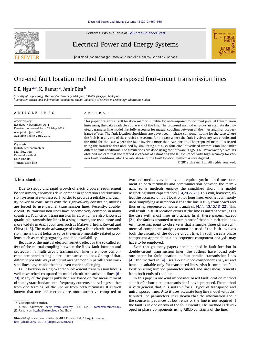 عکس صفحه اول مقاله: One-end fault location method for untransposed four-circuit transmission lines One-end fault location method for untransposed four-circuit transmission lines