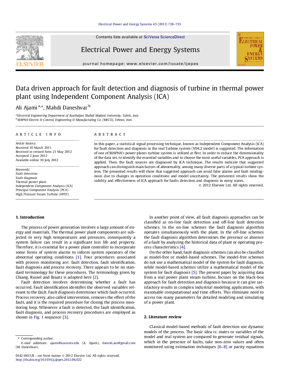 Data driven approach for fault detection and diagnosis of turbine in thermal power plant using Independent Component Analysis (ICA)