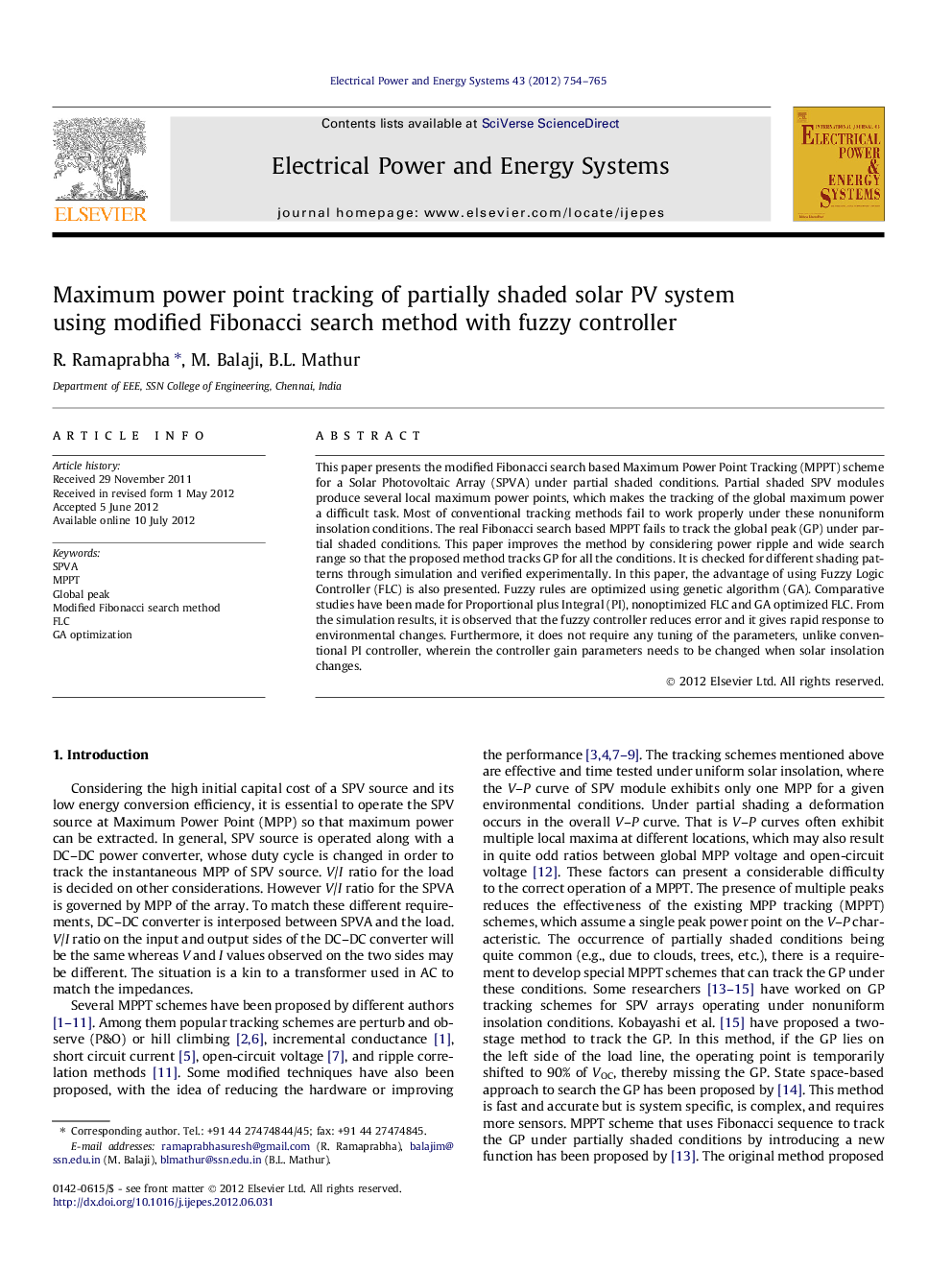 Maximum power point tracking of partially shaded solar PV system using modified Fibonacci search method with fuzzy controller