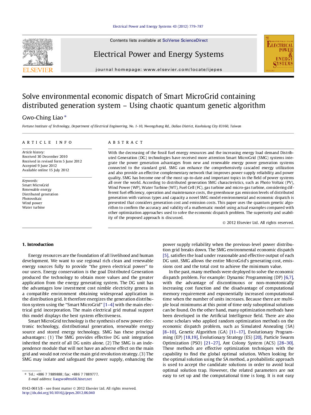 Solve environmental economic dispatch of Smart MicroGrid containing distributed generation system - Using chaotic quantum genetic algorithm