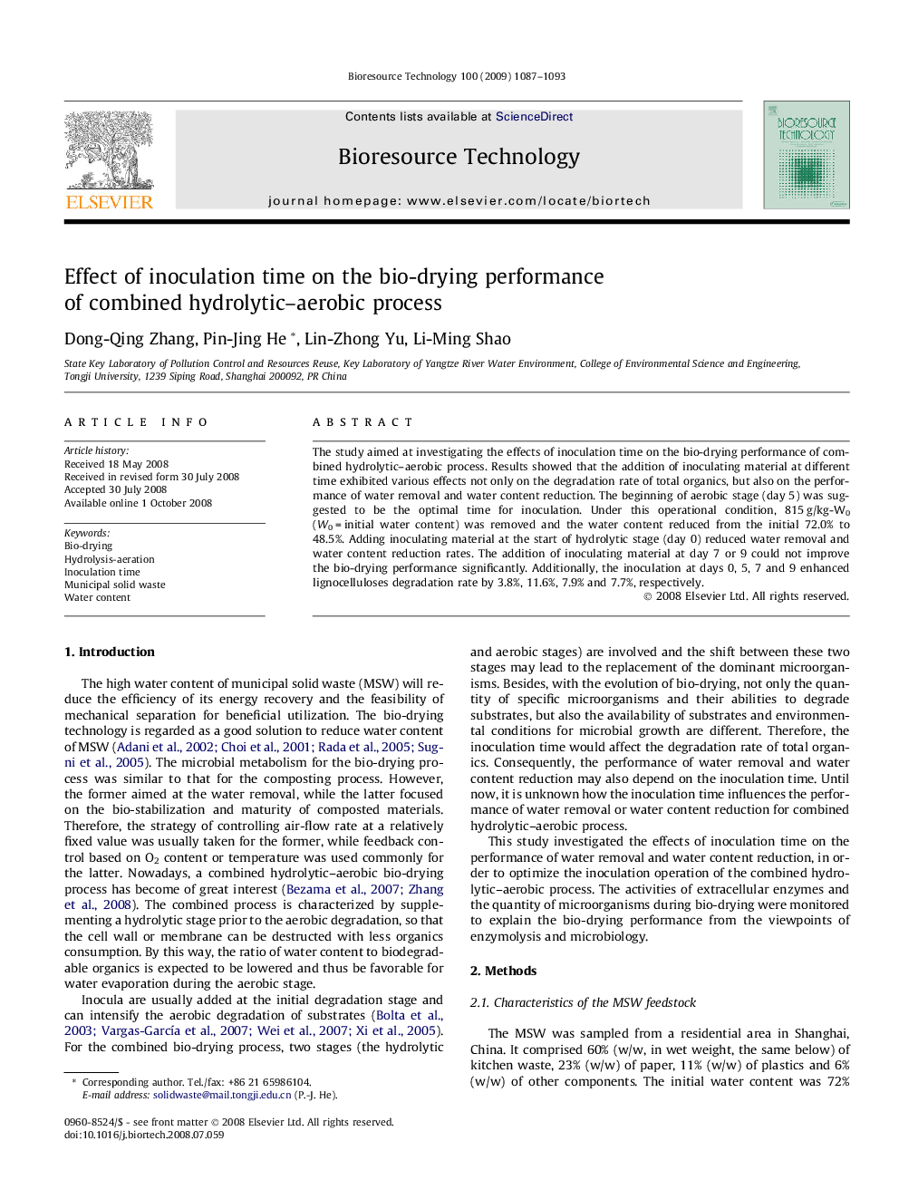 Effect of inoculation time on the bio-drying performance of combined hydrolytic–aerobic process