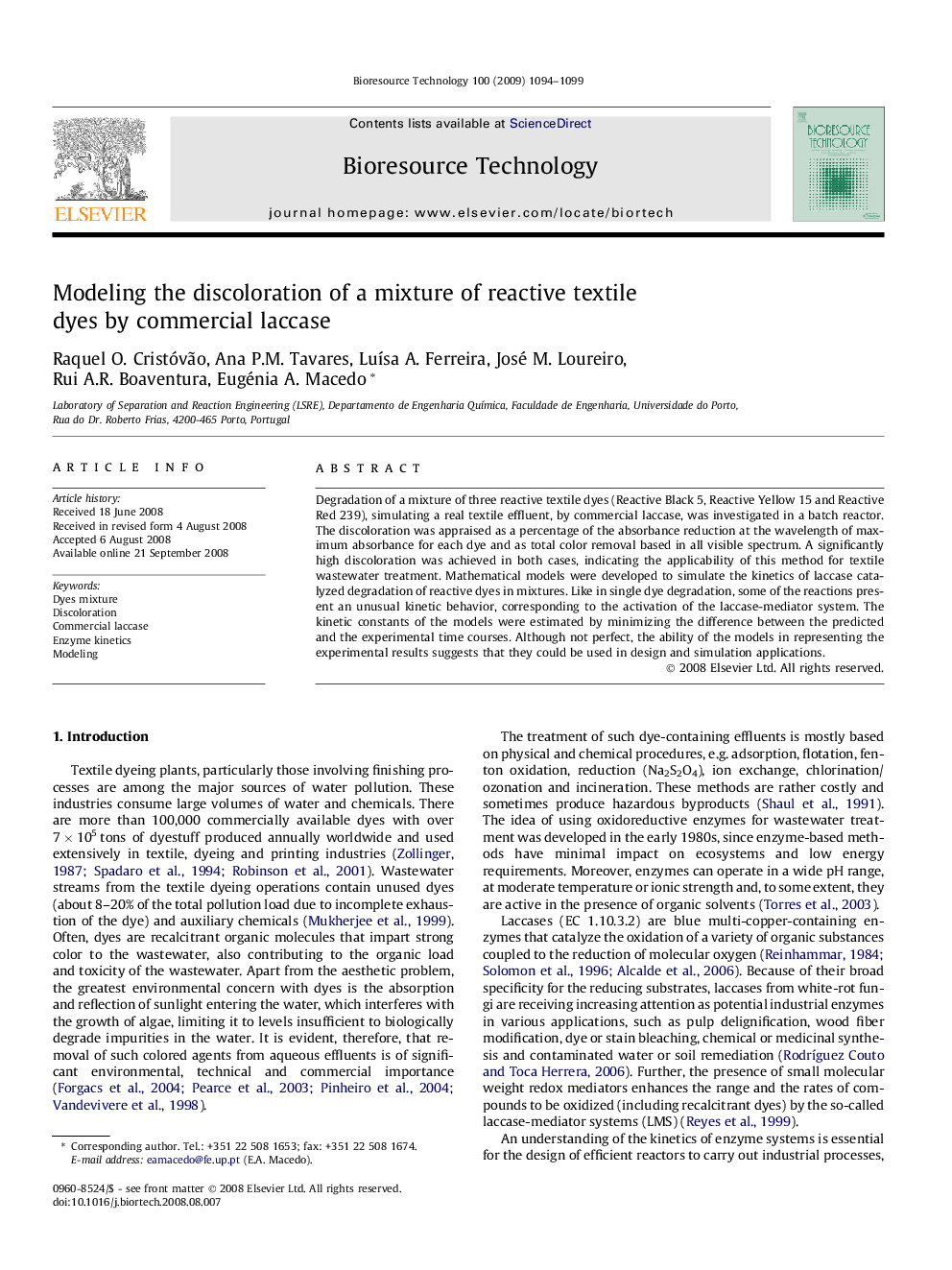 Modeling the discoloration of a mixture of reactive textile dyes by commercial laccase