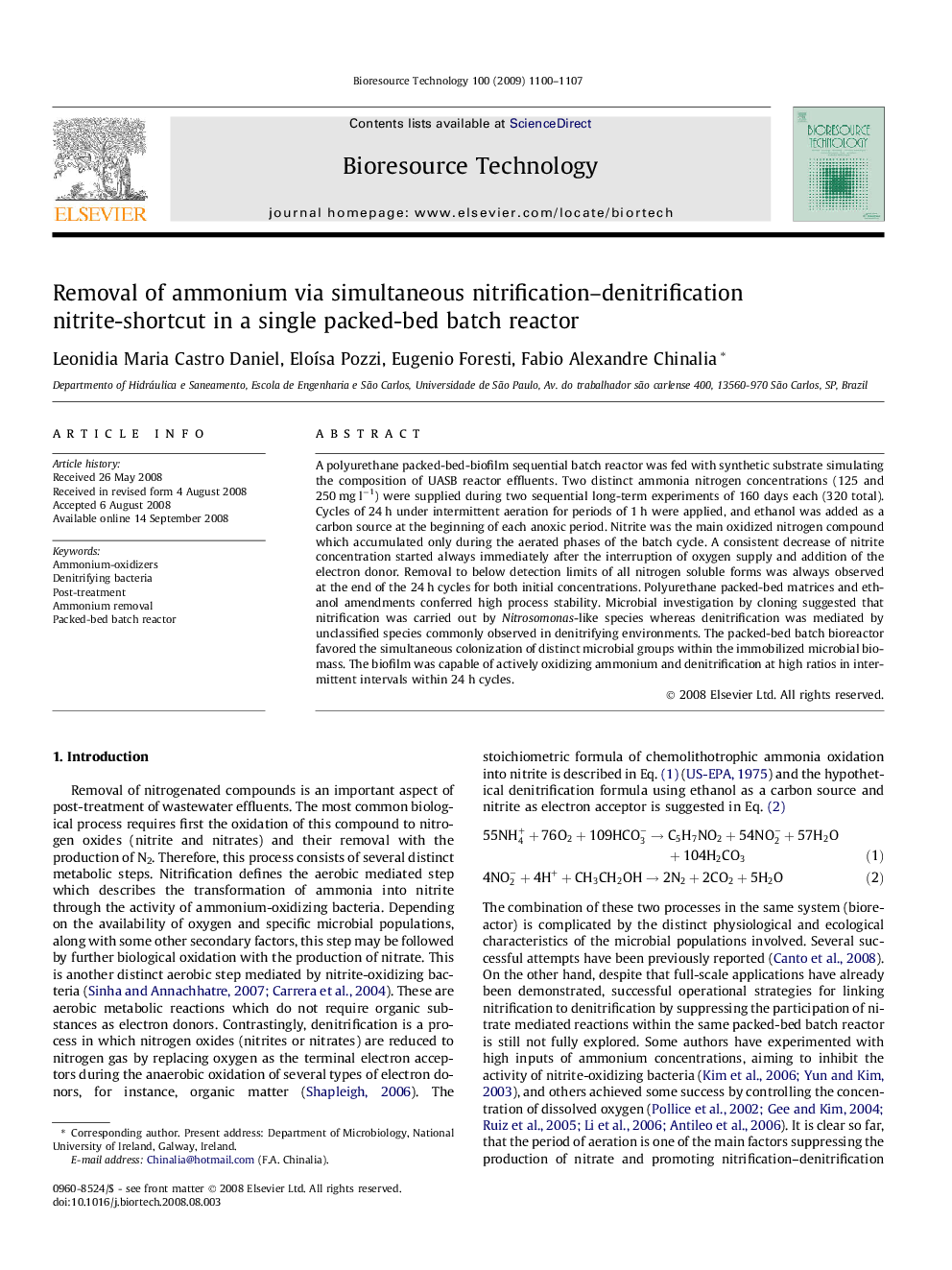 Removal of ammonium via simultaneous nitrification-denitrification nitrite-shortcut in a single packed-bed batch reactor