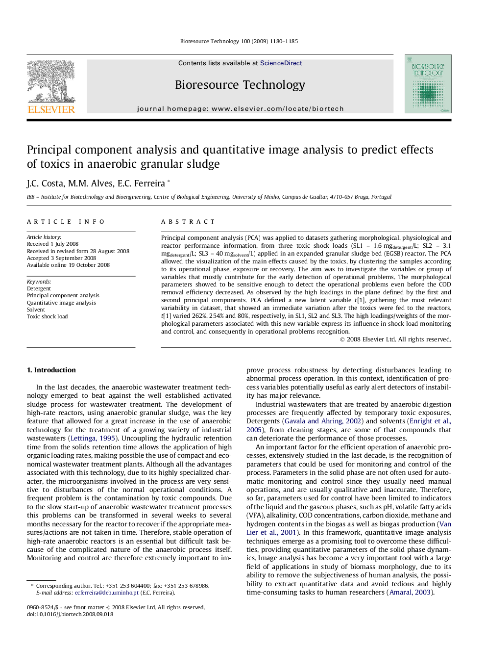 Principal component analysis and quantitative image analysis to predict effects of toxics in anaerobic granular sludge