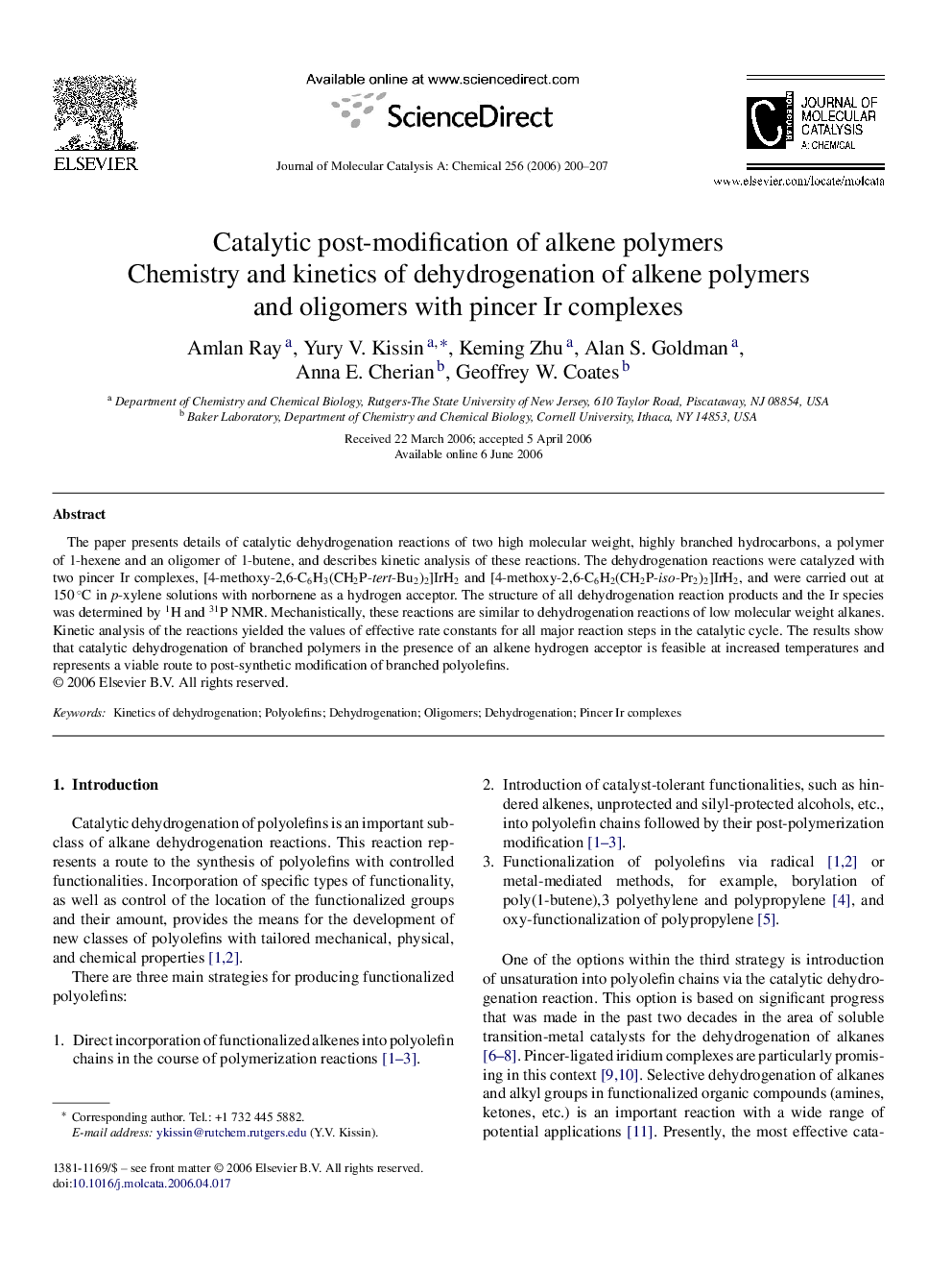 Catalytic post-modification of alkene polymers: Chemistry and kinetics of dehydrogenation of alkene polymers and oligomers with pincer Ir complexes