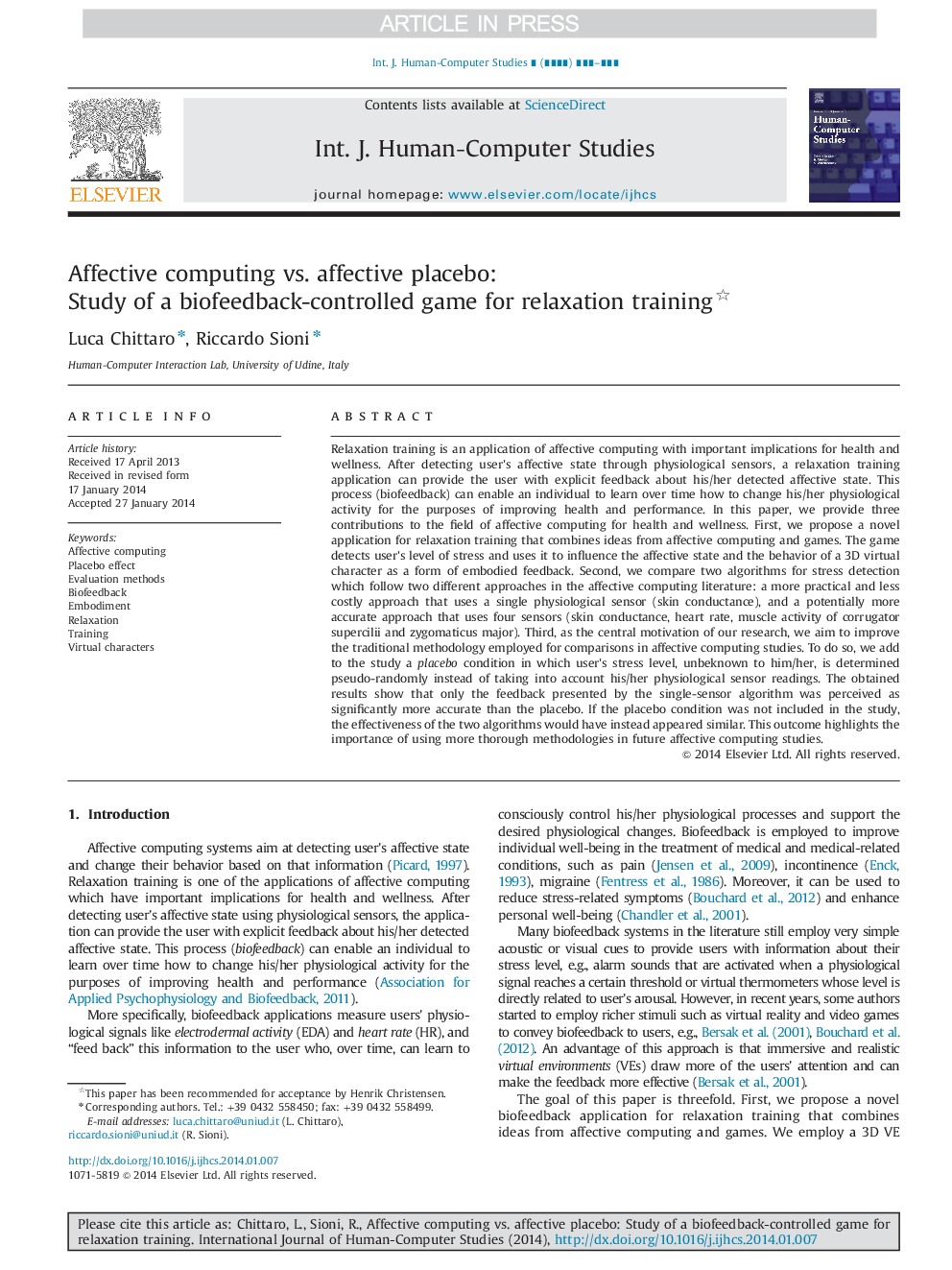 Affective computing vs. affective placebo: Study of a biofeedback-controlled game for relaxation training