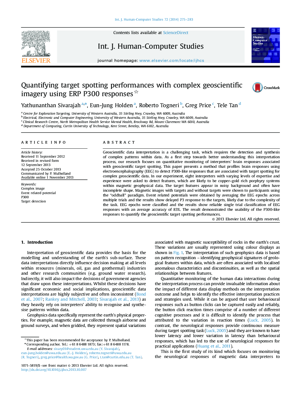 Quantifying target spotting performances with complex geoscientific imagery using ERP P300 responses