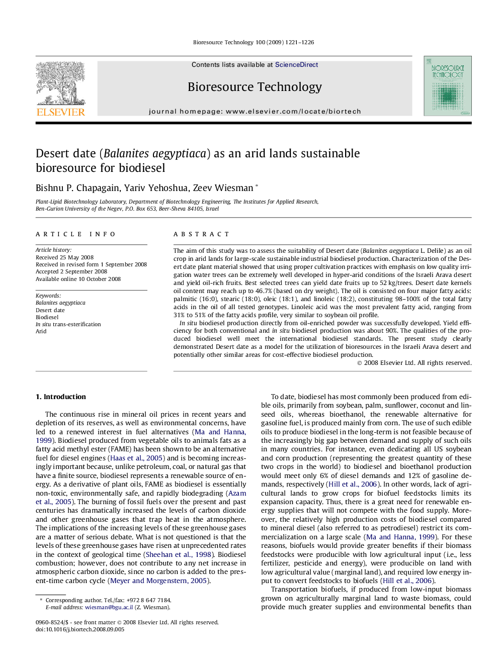 Desert date (Balanites aegyptiaca) as an arid lands sustainable bioresource for biodiesel