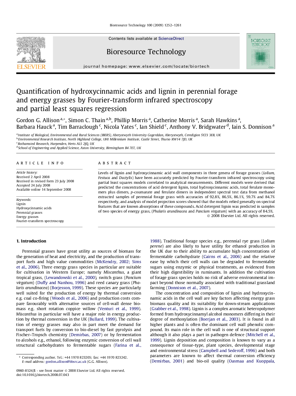 Quantification of hydroxycinnamic acids and lignin in perennial forage and energy grasses by Fourier-transform infrared spectroscopy and partial least squares regression