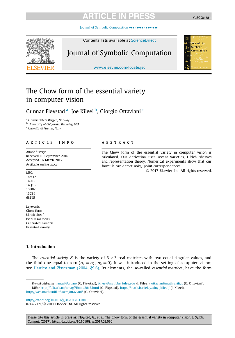 The Chow form of the essential variety in computer vision