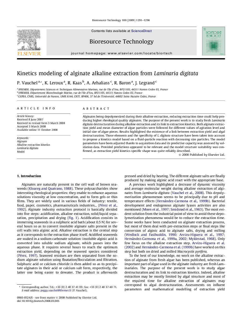 Kinetics modeling of alginate alkaline extraction from Laminaria digitata