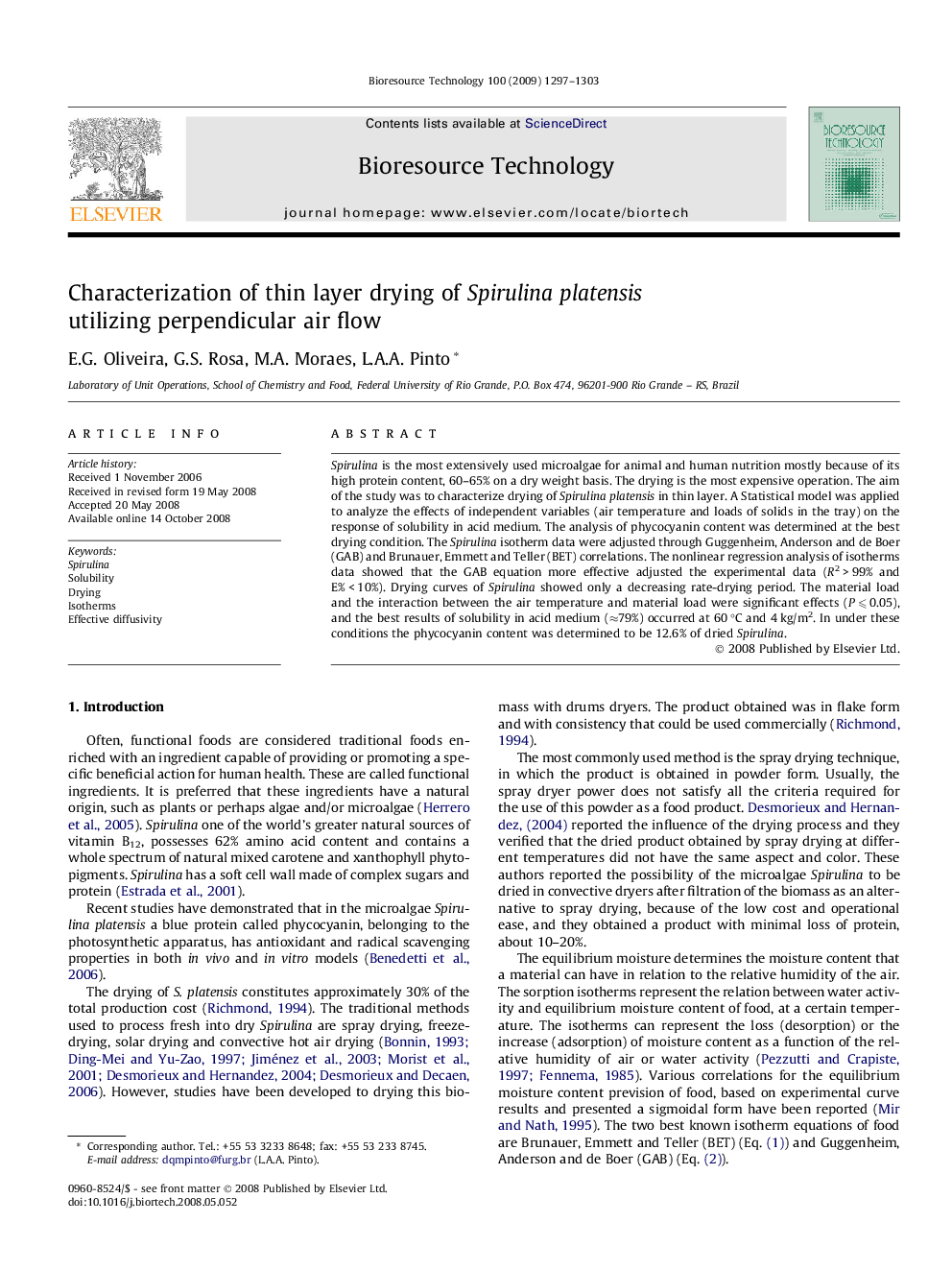 Characterization of thin layer drying of Spirulina platensis utilizing perpendicular air flow