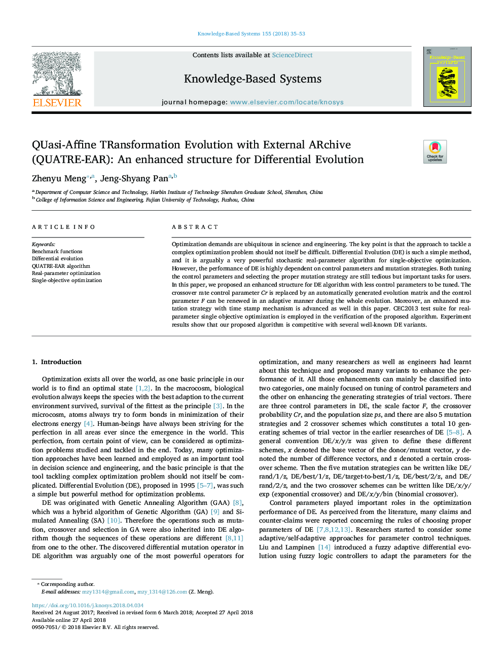 QUasi-Affine TRansformation Evolution with External ARchive (QUATRE-EAR): An enhanced structure for Differential Evolution